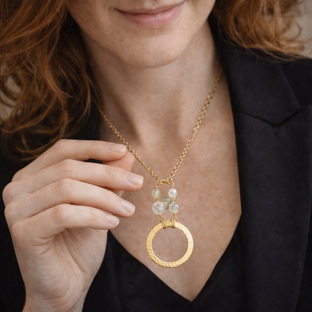 Gold Circle Pendant Necklace Beaded Chain Womens Statement Jewelry Hammered